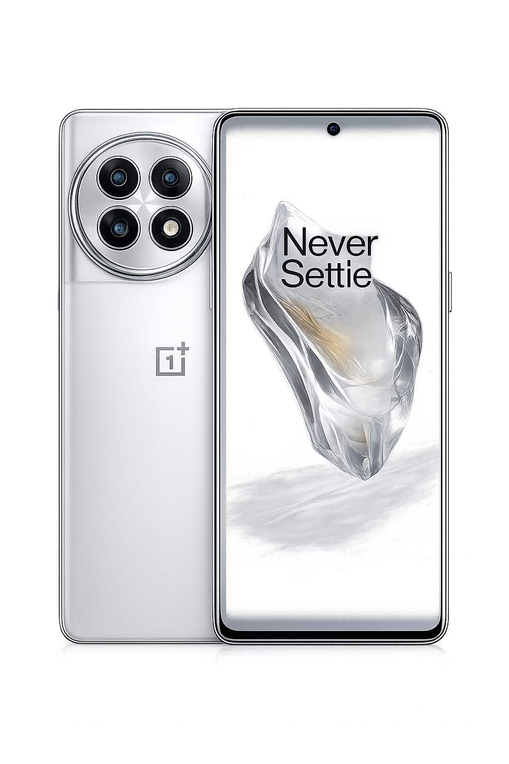 Een modern smartphone met een zilveren achterkant en een groot scherm met de tekst 'Never Settle' op het display.