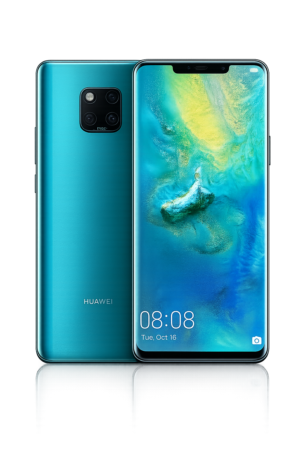 Een blauwe Huawei-smartphone met een gerelateerde achter- en voorkant, het scherm toont de tijd 08:08 en datum dinsdag 16 oktober.