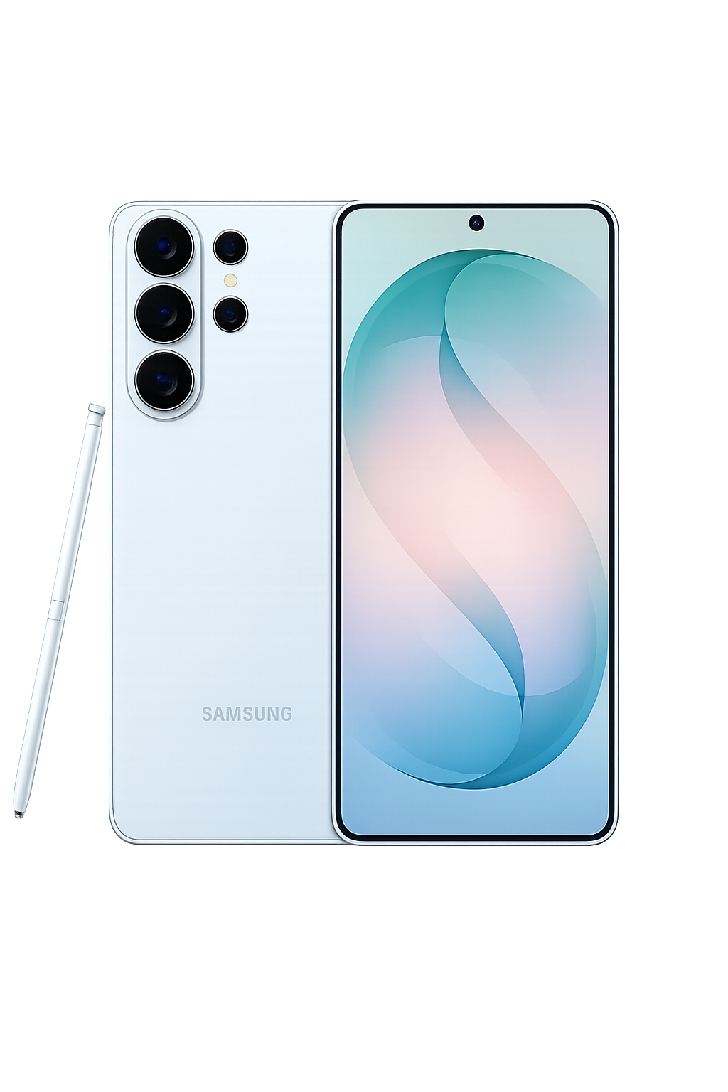 Een Samsung-smartphone met een pen, witte kleur, en een achtergrond met kleurrijke lichten.