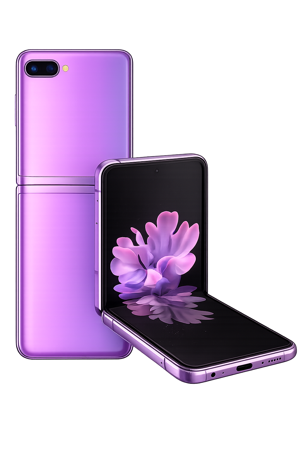 Twee paar smartphonemodellen in een roze-violet kleur, een open en een gesloten, met een bloemenprint op het scherm van de open telefoon.