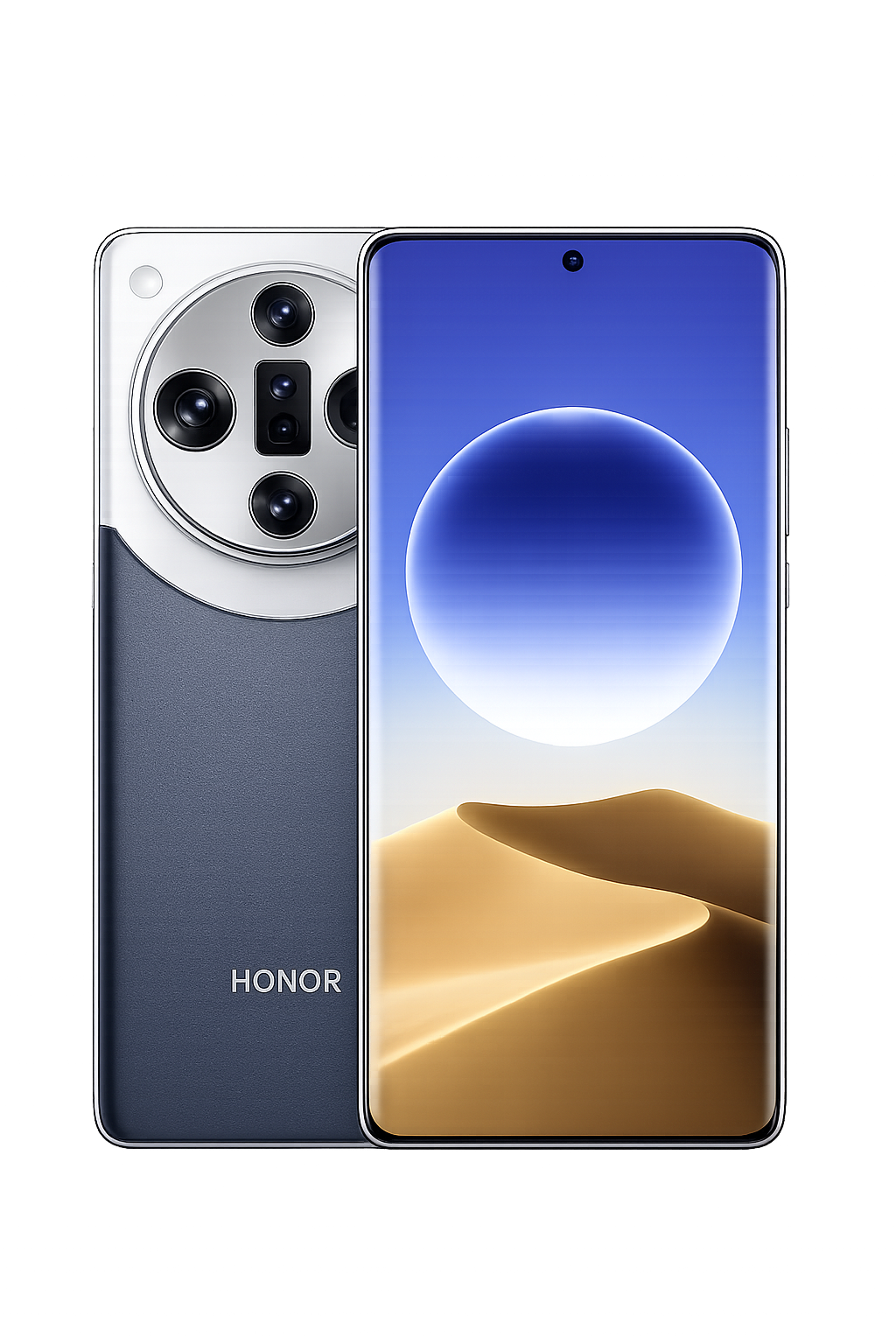 Een smartphone met grote beeldscherm en meerdere camera's aan de achterkant, merk HONOR.