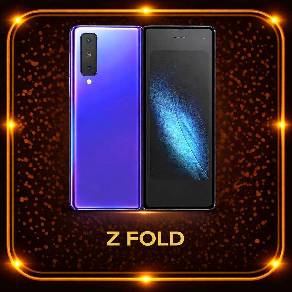 Een blauwe en een zwarte smartphone, met de woorden 'Z Fold' onderaan, omgeven door een heldere gouden rand en oranje gekleurde stippen op een donkere achtergrond.