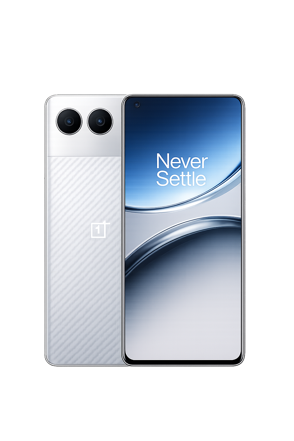 Een smartphone met de tekst 'Never Settle' op het scherm, afgebeeld tegen een donkere achtergrond met kleurrijke lichteffecten.