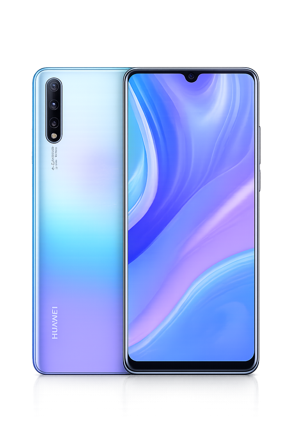 Een Huawei-smartphone met een blauwachtige kleur en een grote scherm met kleine rand. Aan de achterkant bevinden zich drie camera's in een verticale opstelling.