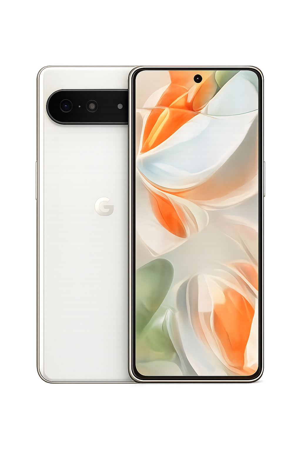 Een witte smartphone met een groot scherm en een selfiecamera aan de voorkant, en een camera met meerdere lenzen aan de achterkant, geplaatst op een display