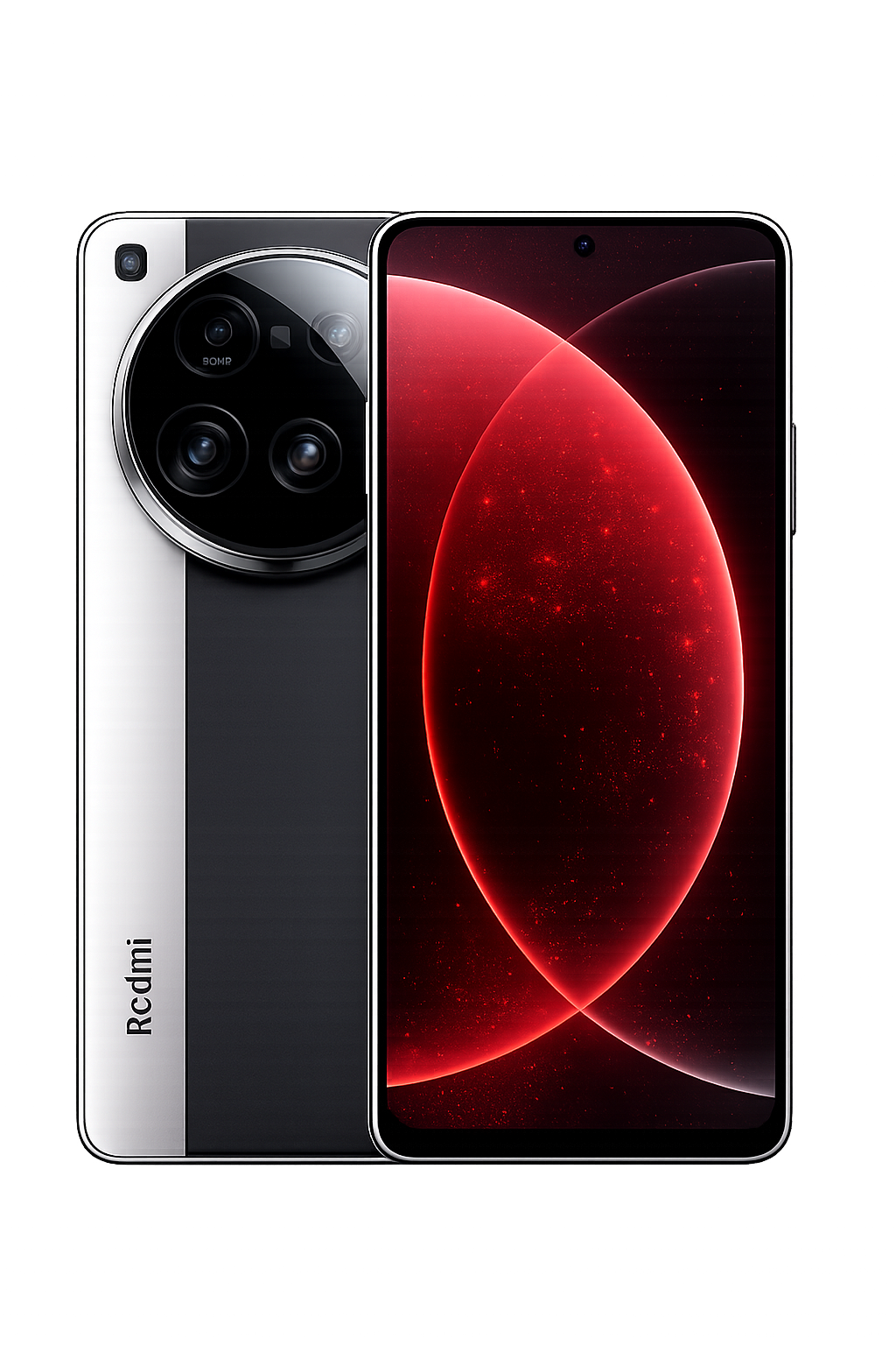 Een moderne smartphone met een zwart-wit ontwerp en een grote scherm, getoond in een advertentie of presentatie.