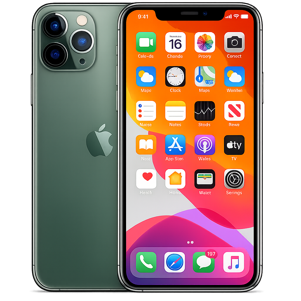 Voorzijde van een groene iPhone met het scherm aan, toont de apps-icoontjes, en de achterzijde met drie camera's en een Apple-logo.