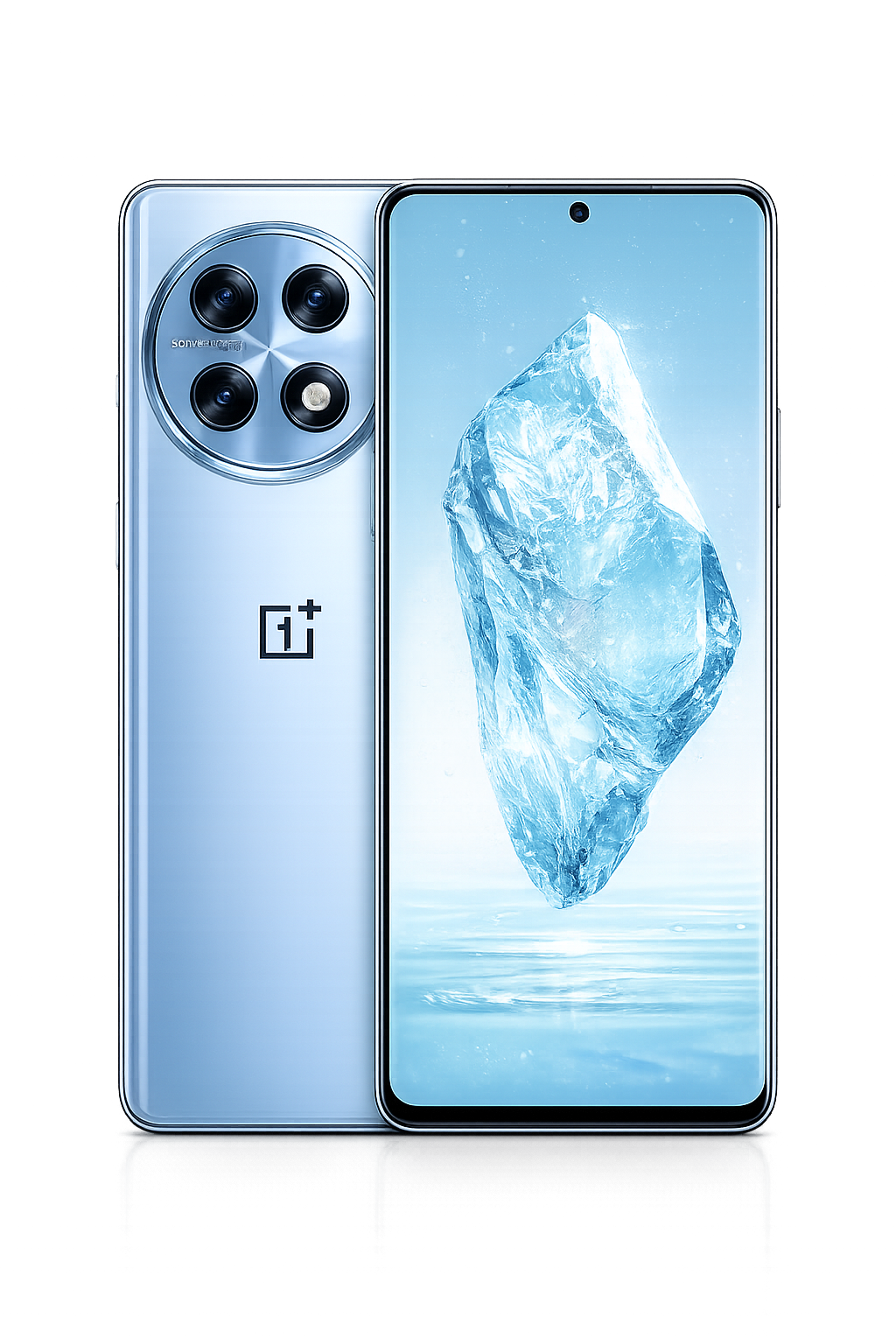 Een smartphone van het merk OnePlus met een grote scherm en een camera-eiland met vier lenzen en een flitser. Het scherm toont een ijsblok verlichte achtergrond.