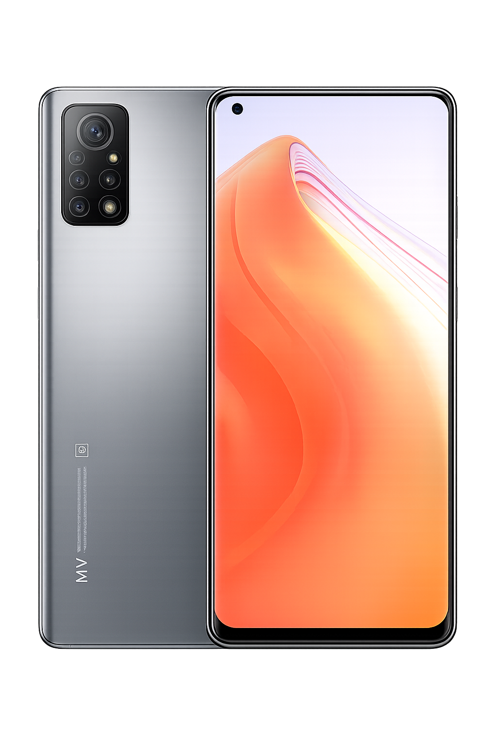 Een smartphone met een groot scherm, vier camera's op de achterkant en een zilveren afwerking.