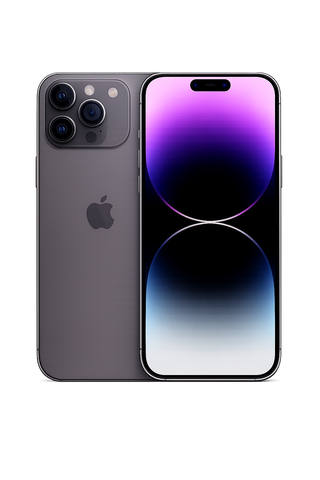 Een nieuwe iPhone met een groot, kleurrijk scherm en een drievoudige camera aan de achterkant.