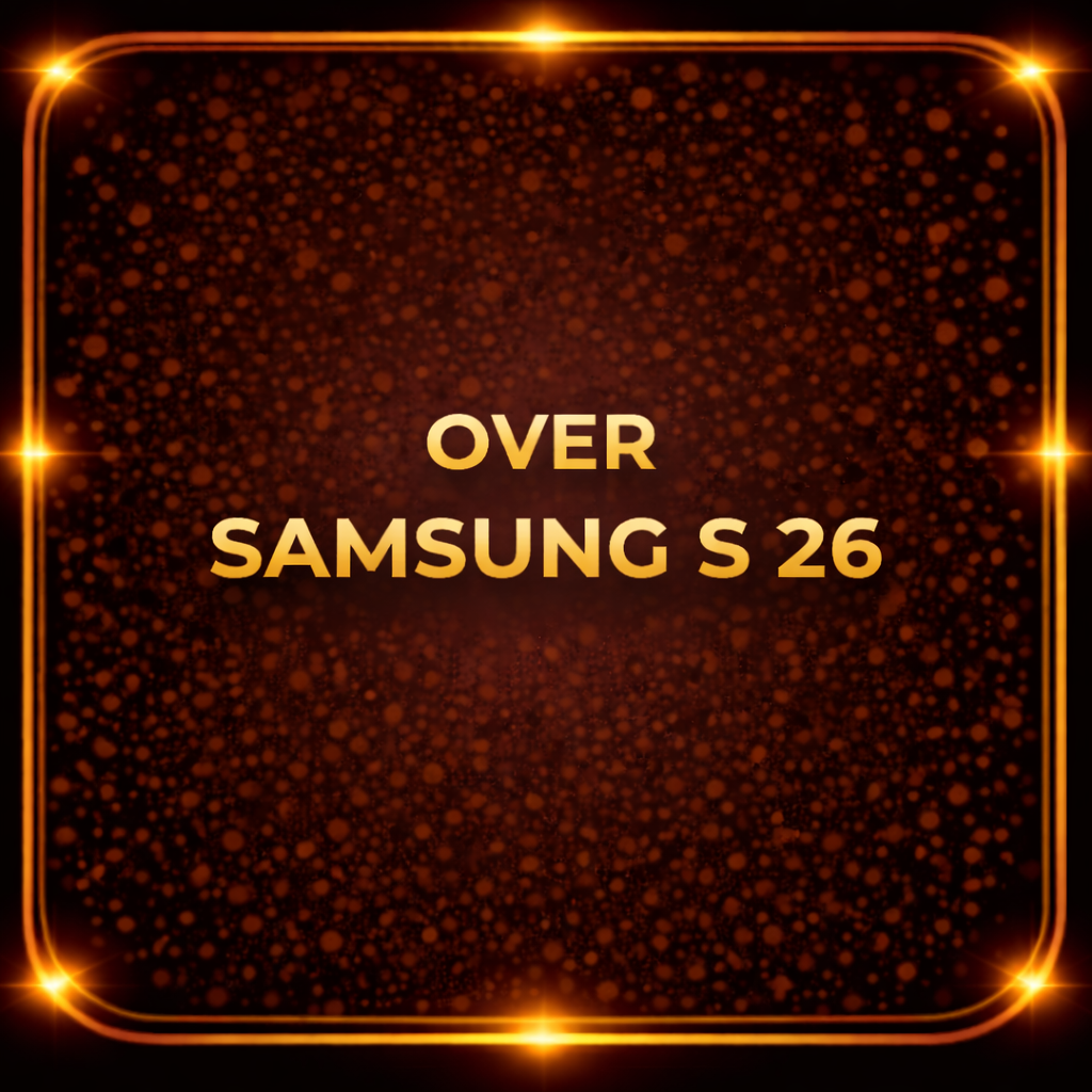 Een gouden en oranje glow-ontwerp met stippen en sterren, met de tekst 'Over Samsung S 26' in het midden.