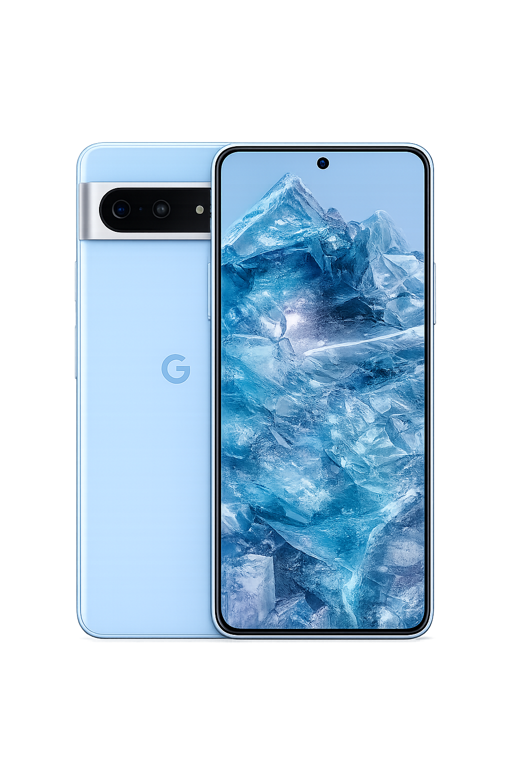 Een nieuwe Google Pixel-smartphone met een plastic blauwe behuizing en een grote scherm met een ijsberg op het display, geplaatst op een opengeleidezakje.