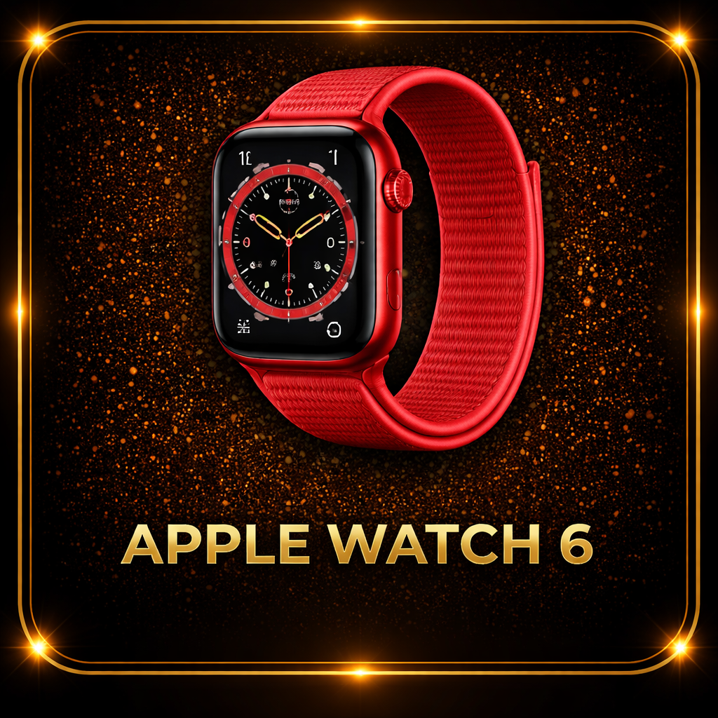 Een Apple Watch 6 met een rode band en zwart scherm, afgebeeld op een zwart en goudkleurig achtergrond met goudkleurige stippen en rand. Daaronder de tekst 'APPLE WATCH 6'.