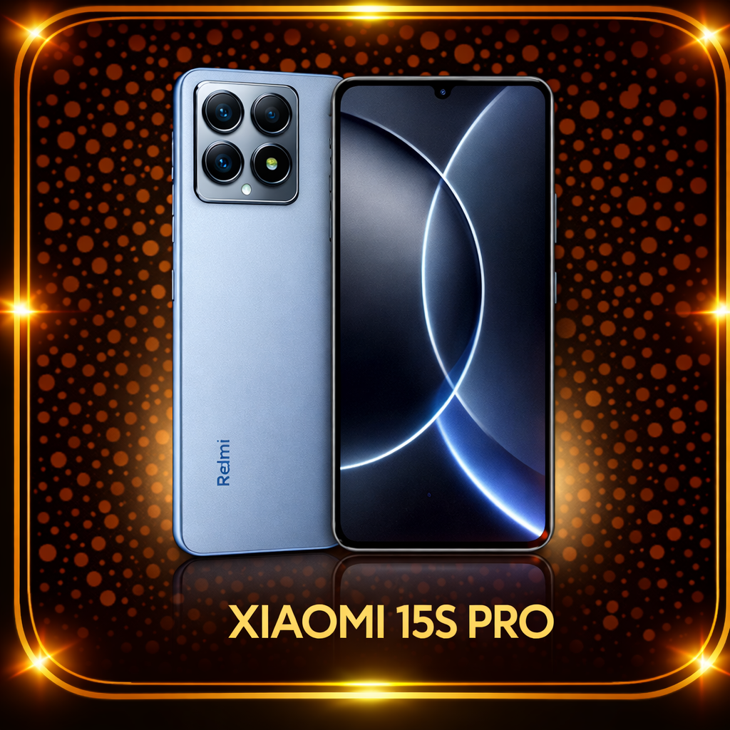 Een afbeelding van een Xiaomi 15S Pro-smartphone en een ander toestel op een oranje en zwarte achtergrond met lichtgevende stippen en een gouden rand, met de tekst "Xiaomi 15S Pro" onderaan.