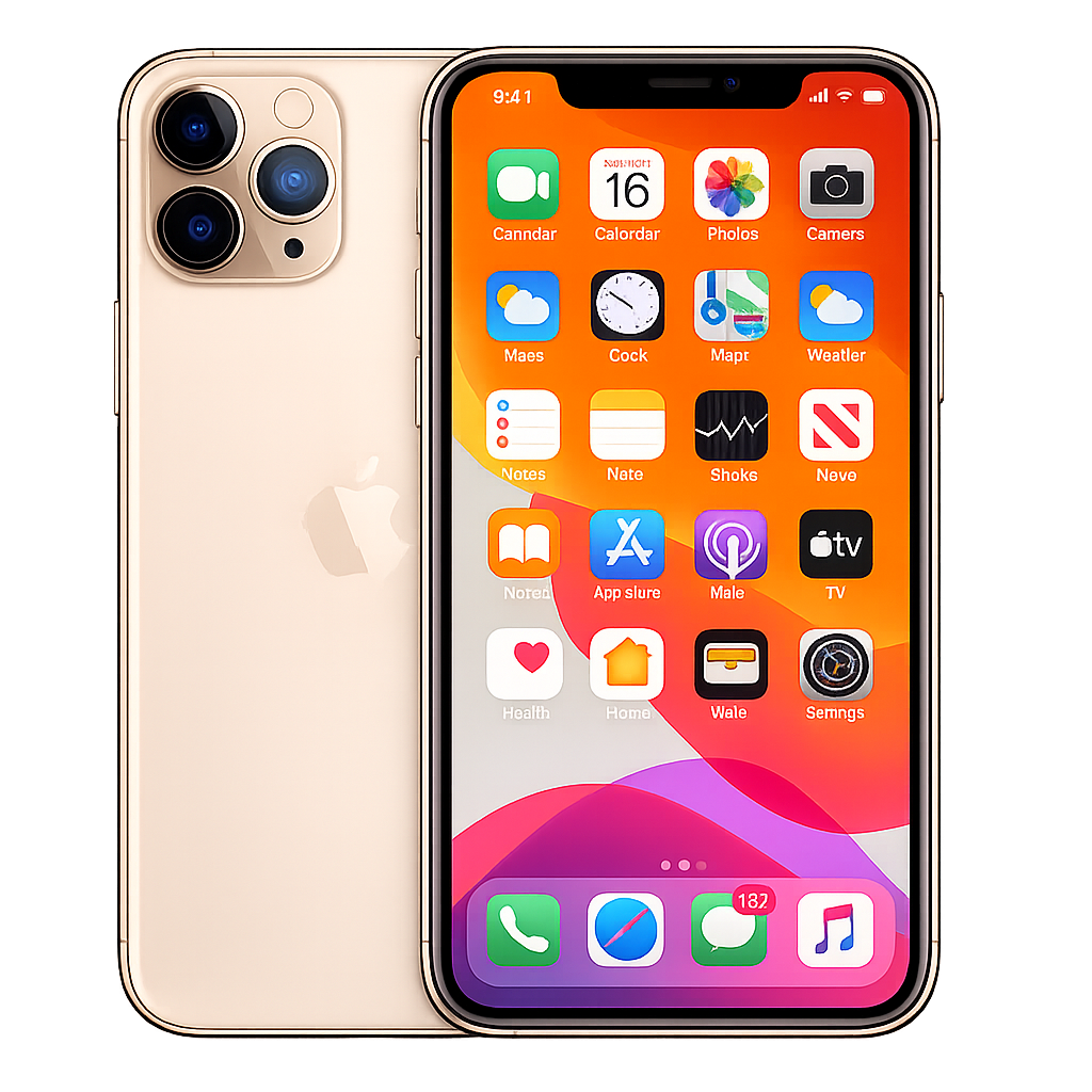Een gouden iPhone met een zwart scherm en een startscherm met verschillende app-icoontjes.