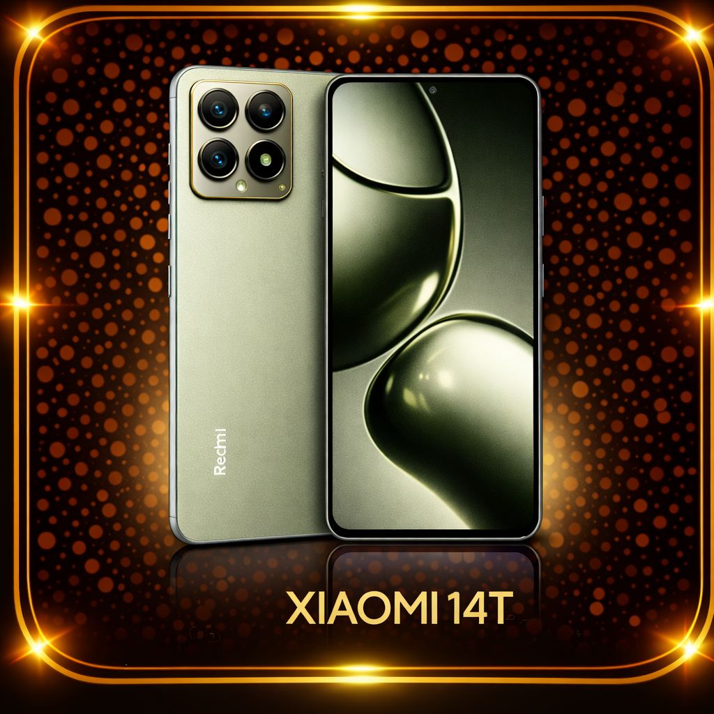 Een afbeelding van een Xiaomi 14T-smartphone met een groene achterkant en een groot scherm, weergegeven tegen een donkere achtergrond met oranje en gouden lichtpatronen.