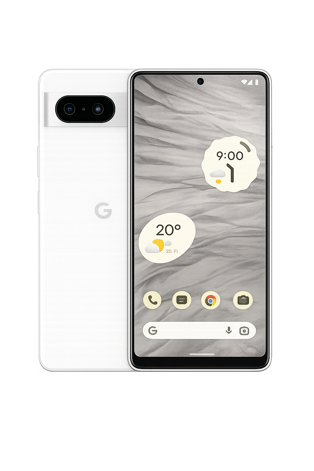 Een smartphone met een grijze en witte achtergrond, het scherm toont weersgegevens en snelkoppelingen.