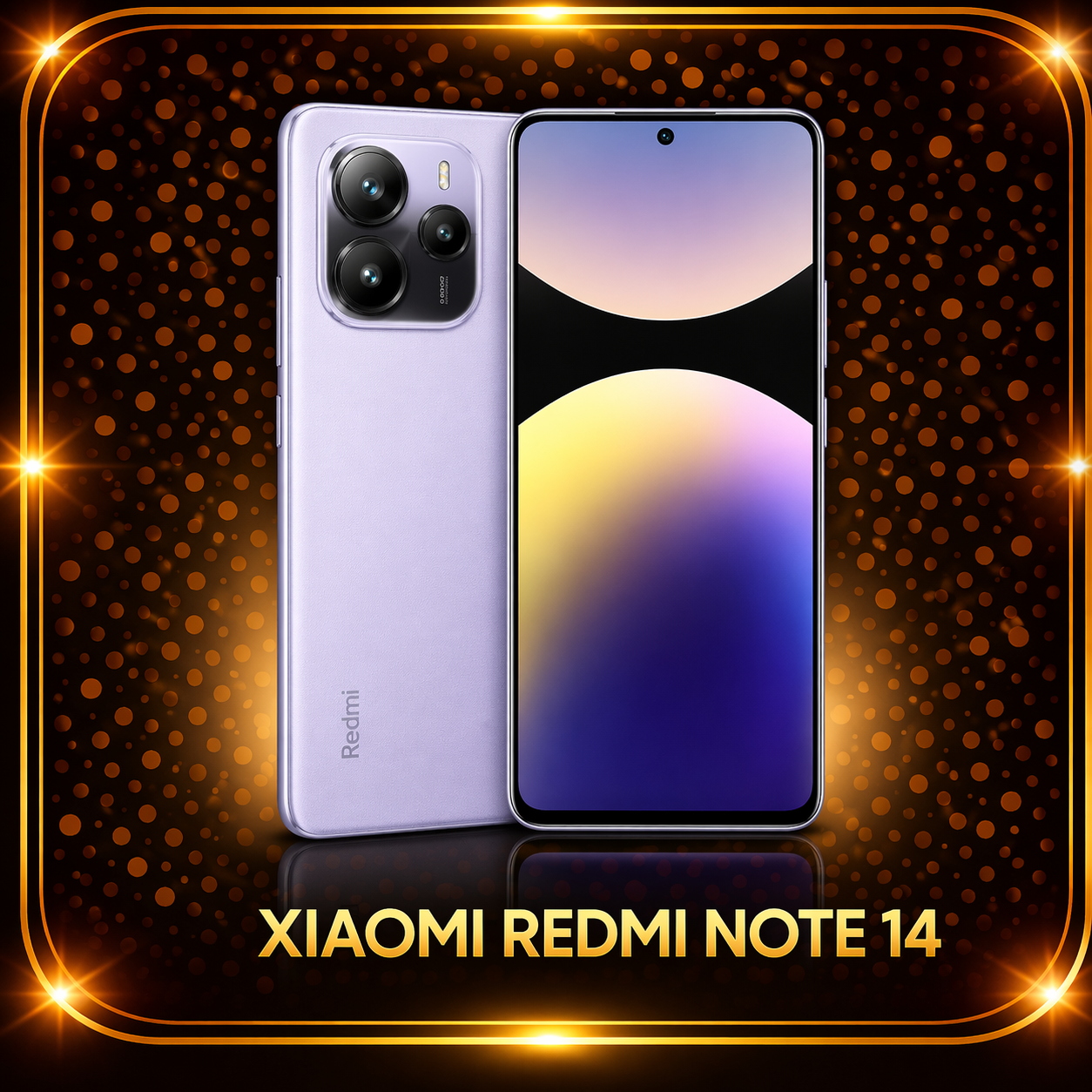 Een afbeelding van een Xiaomi Redmi Note 14 smartphone, getoond van voren en achteren, met een zwart en goud gekleurde achtergrond met lichteffecten.