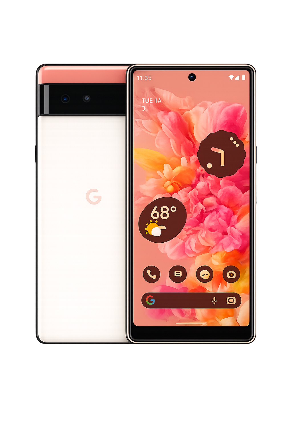 Een nieuwe Google Pixel-smartphone met een kleurrijk scherm en een doorstreepte witte achterkant, geplaatst op een groene ondergrond