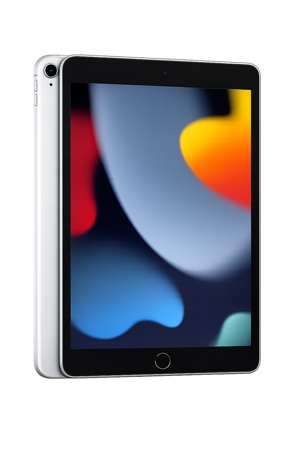 Close-up van een zwart en wit iPad met een kleurrijk scherm tegen een zachte achtergrond.