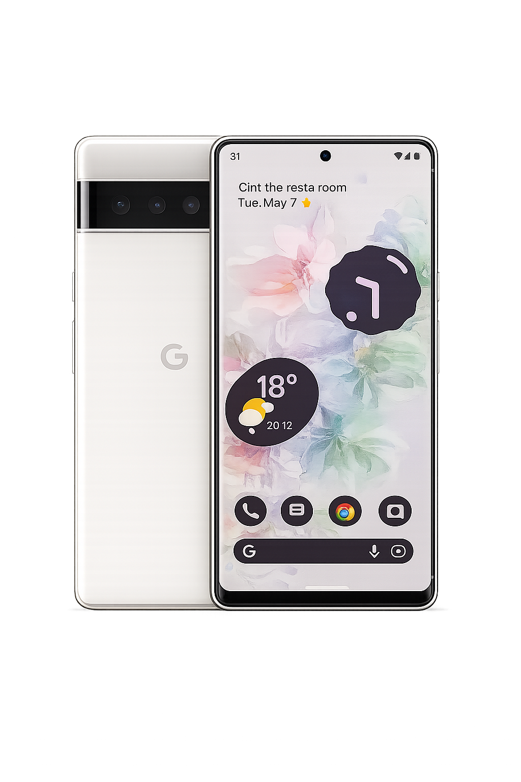 Een smartphone met een wit en zwart ontwerp, een grote display met verschillende widgets en een klok, en een achterzijde met drie camera's.