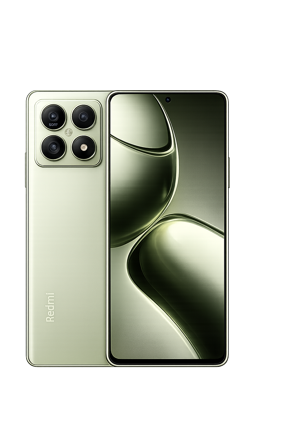 Een smartphone met vier camera's op de achterkant, een klein voorste camera, en een groot scherm met een abstract patroon.