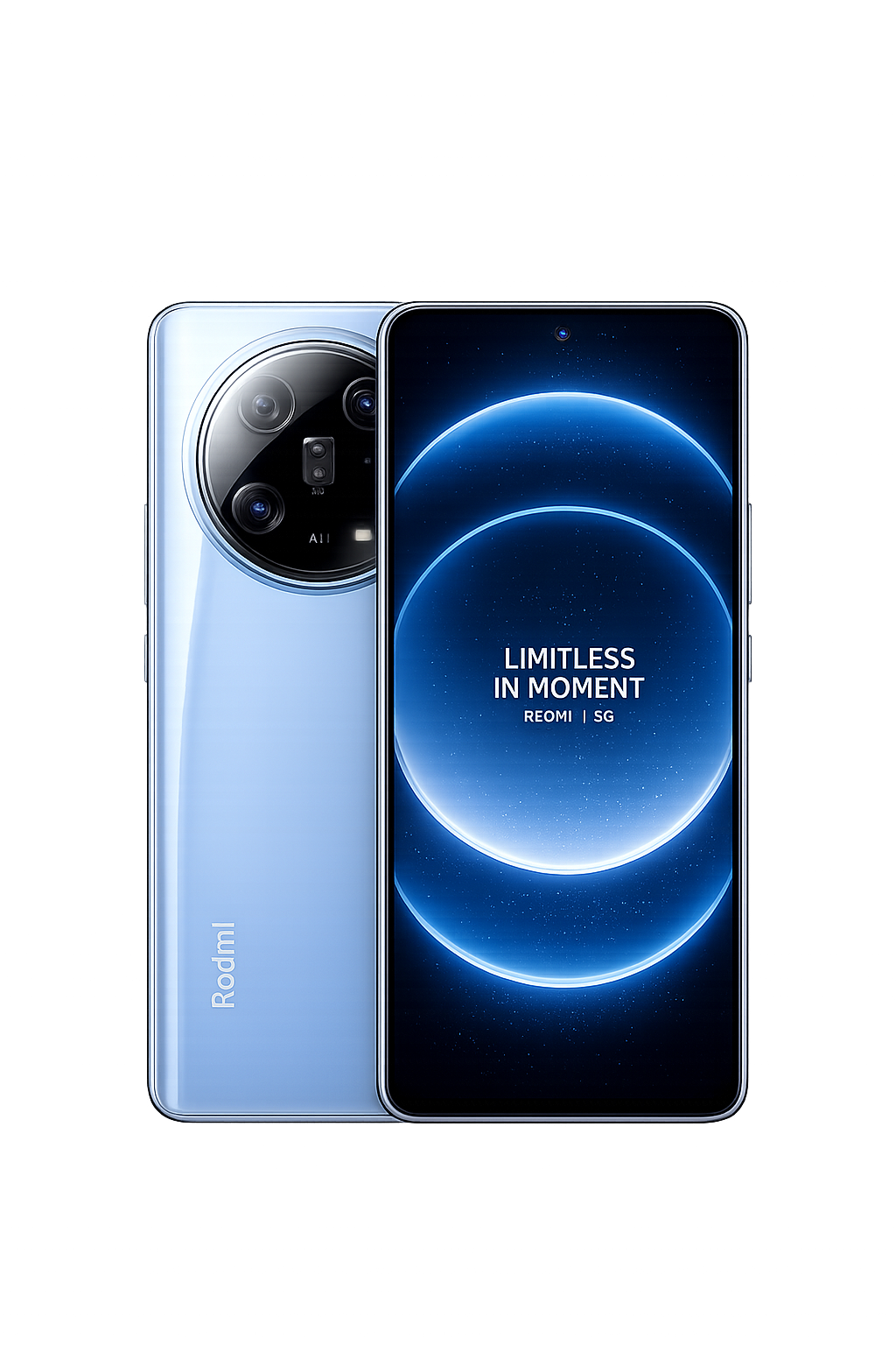Een nieuwe smartphone met de tekst 'Limitless in Moment' op het scherm, en een opvallende camera-opstelling op de achterkant.