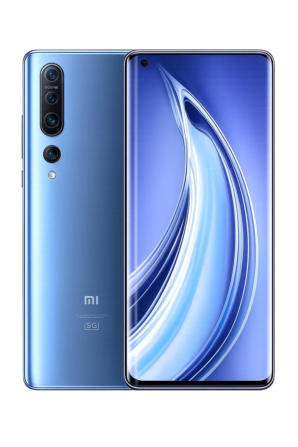 Een blauwe smartphone met vier camera's aan de achterkant en een randloze display aan de voorkant, weergegeven tegen een zwart en rood grafisch achtergronddesign.