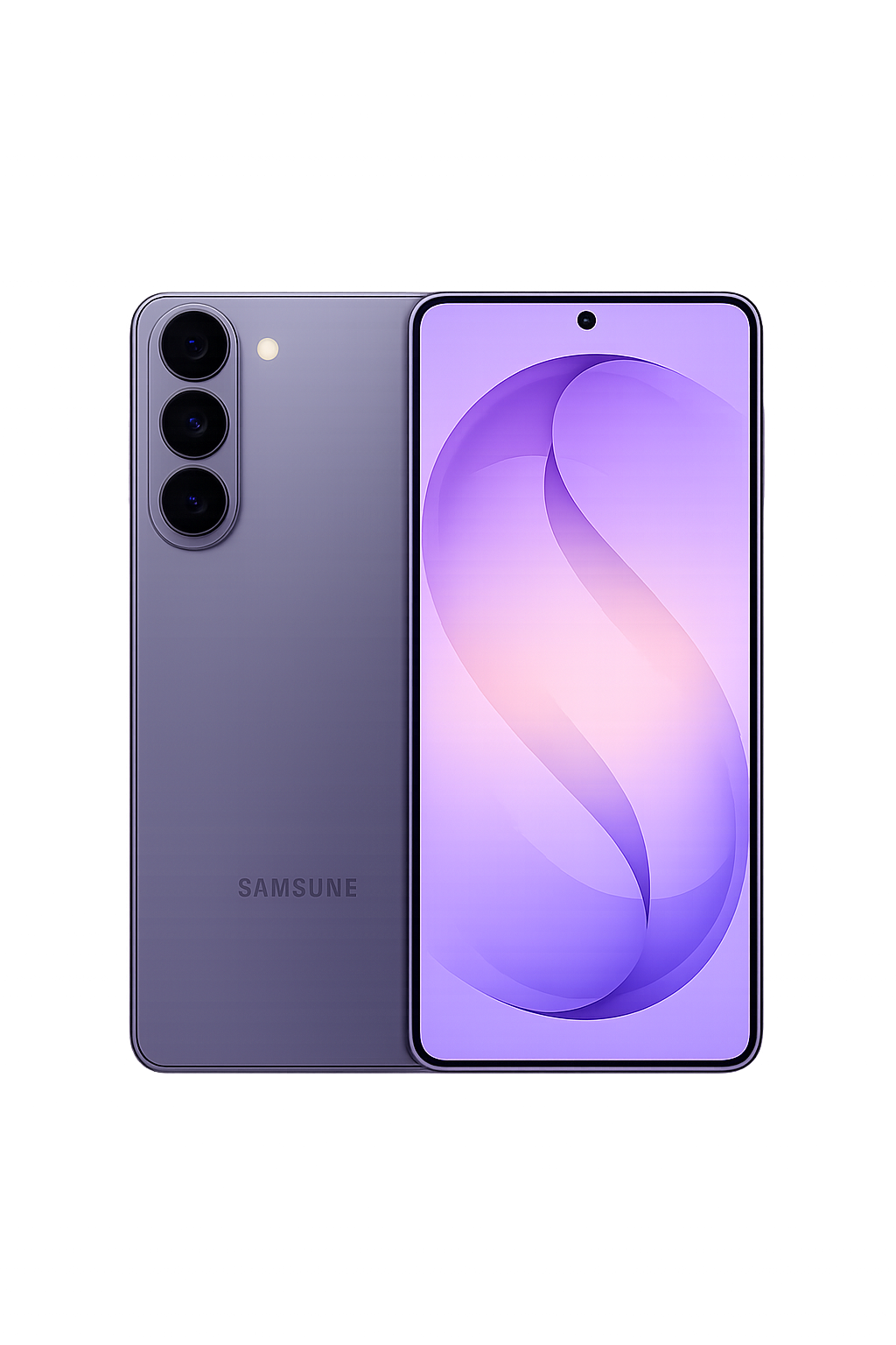 Een nieuwe Samsung smartphone met drie cameralenzen aan de achterkant en een groot scherm met een kleurrijk schermpatroon.