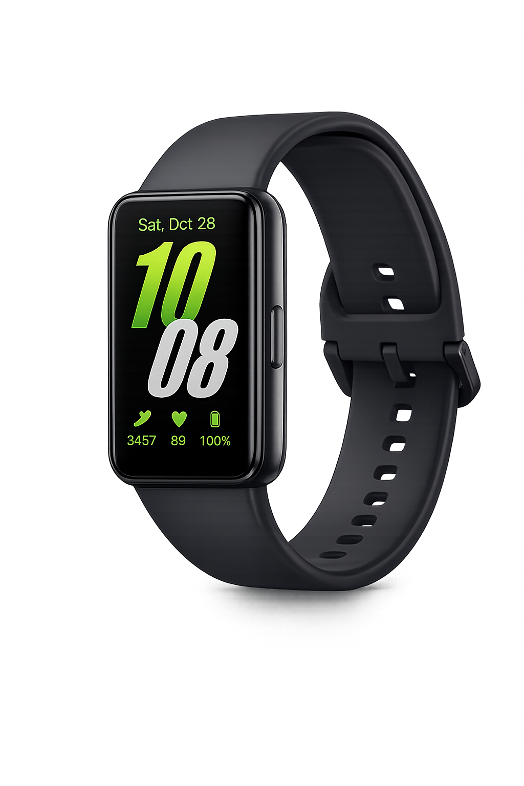 Een smartwatch met een zwart band en een digitaal display dat de tijd, datum, aantal stappen, hartslag en batterijniveau toont, tegen een kleurrijke, lichtgevende achtergrond.