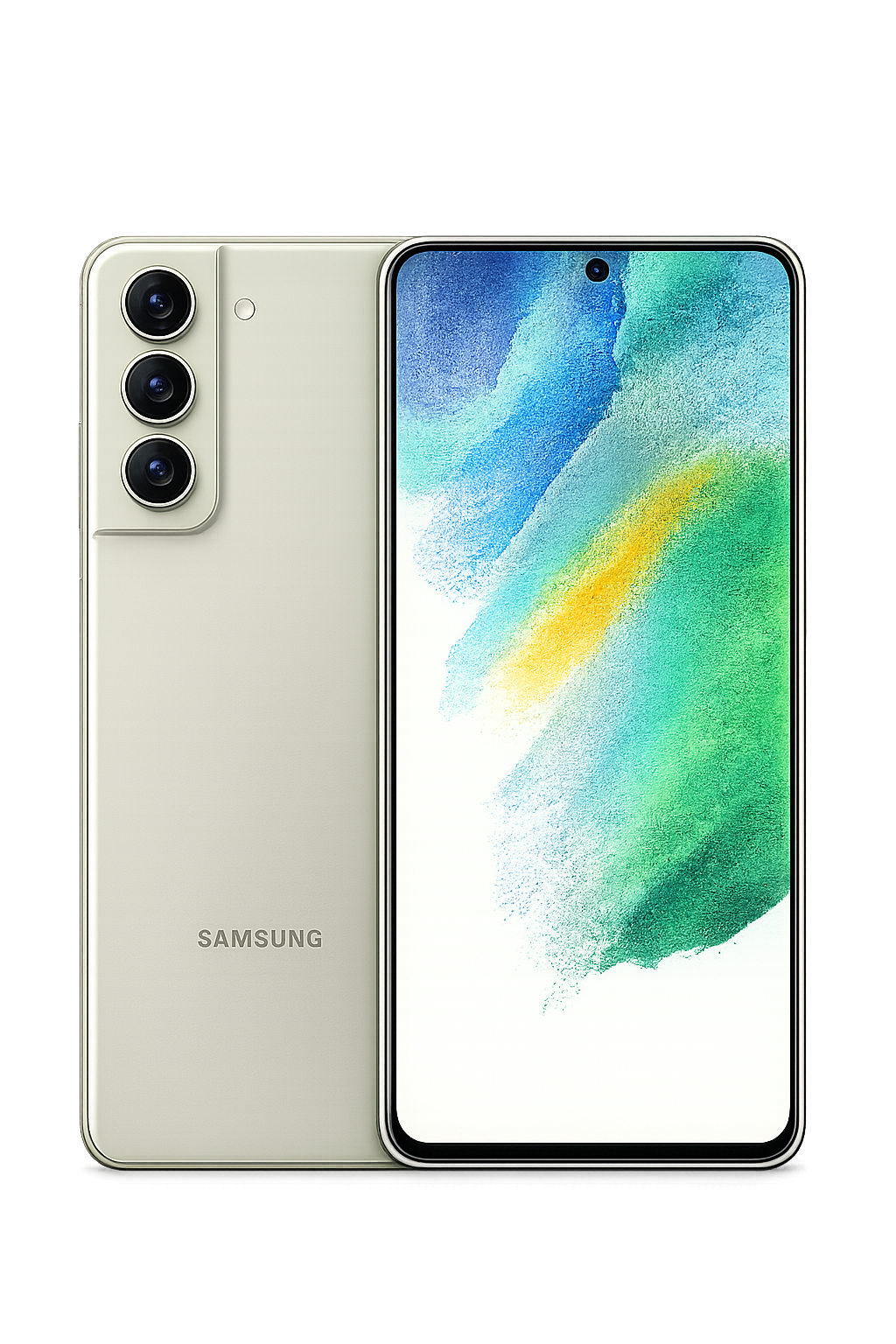 Een zilveren Samsung-smartphone met een groot scherm en een drievoudige camera achterop, afgebeeld tegen een kleurrijke achtergrond.