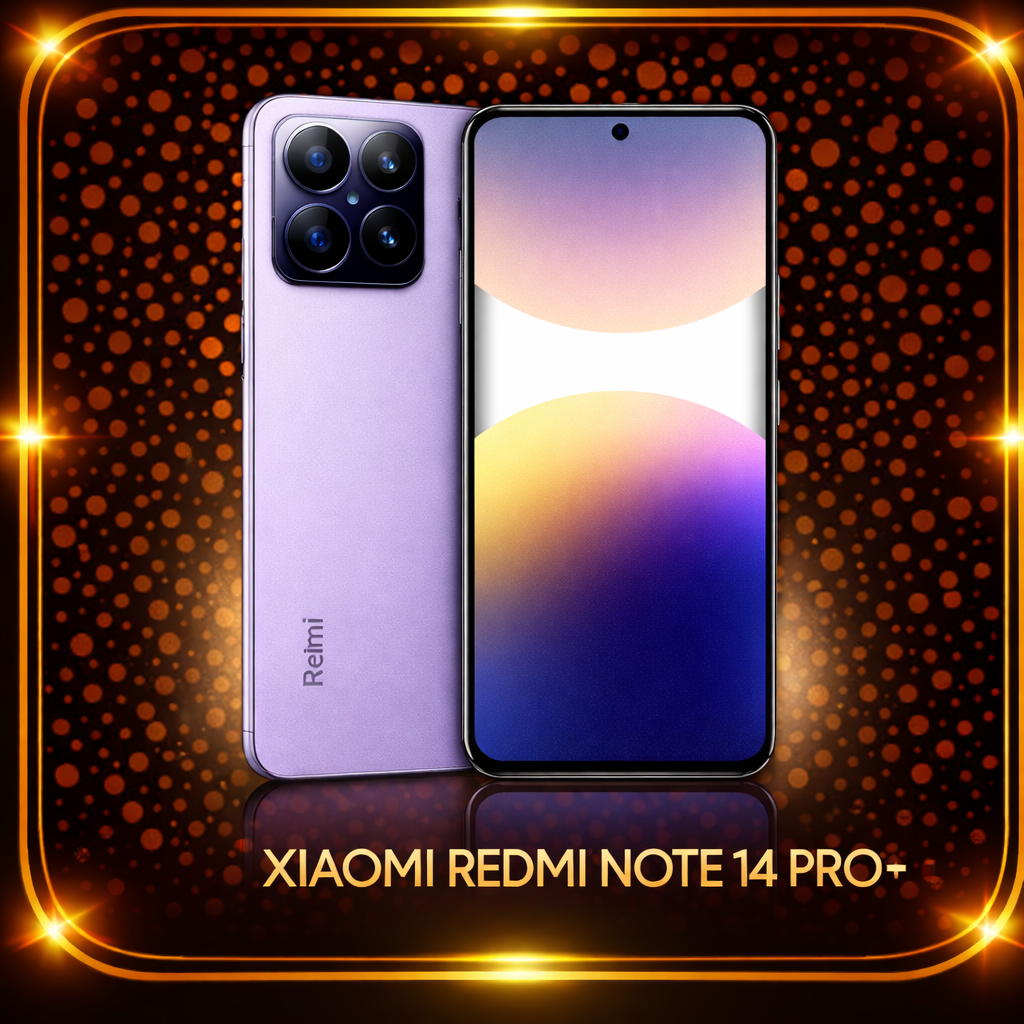 Een afbeelding van de Xiaomi Redmi Note 14 Pro+ smartphone, met een paarlenkleurige achterkant en een groot scherm met kleine navrapertroon aan de bovenzijde, op een achtergrond met oranje stippen en een gouden omlijsting.