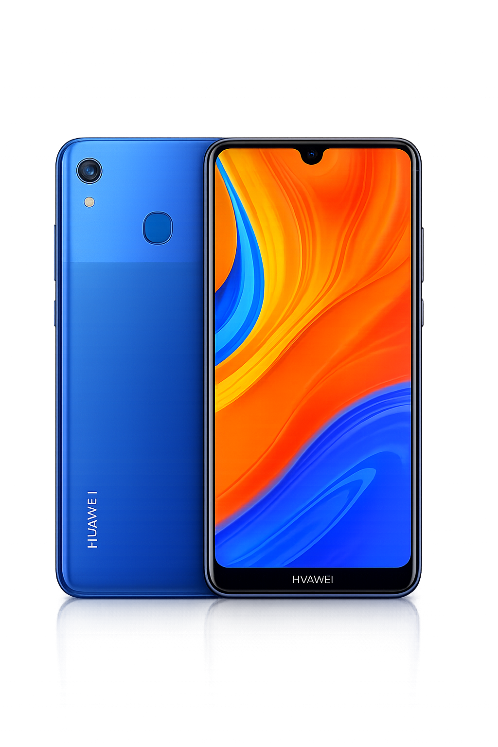 Een blauwe smartphone met een kleurrijk scherm, getiteld Huawei op de voorkant en achterkant van het toestel.