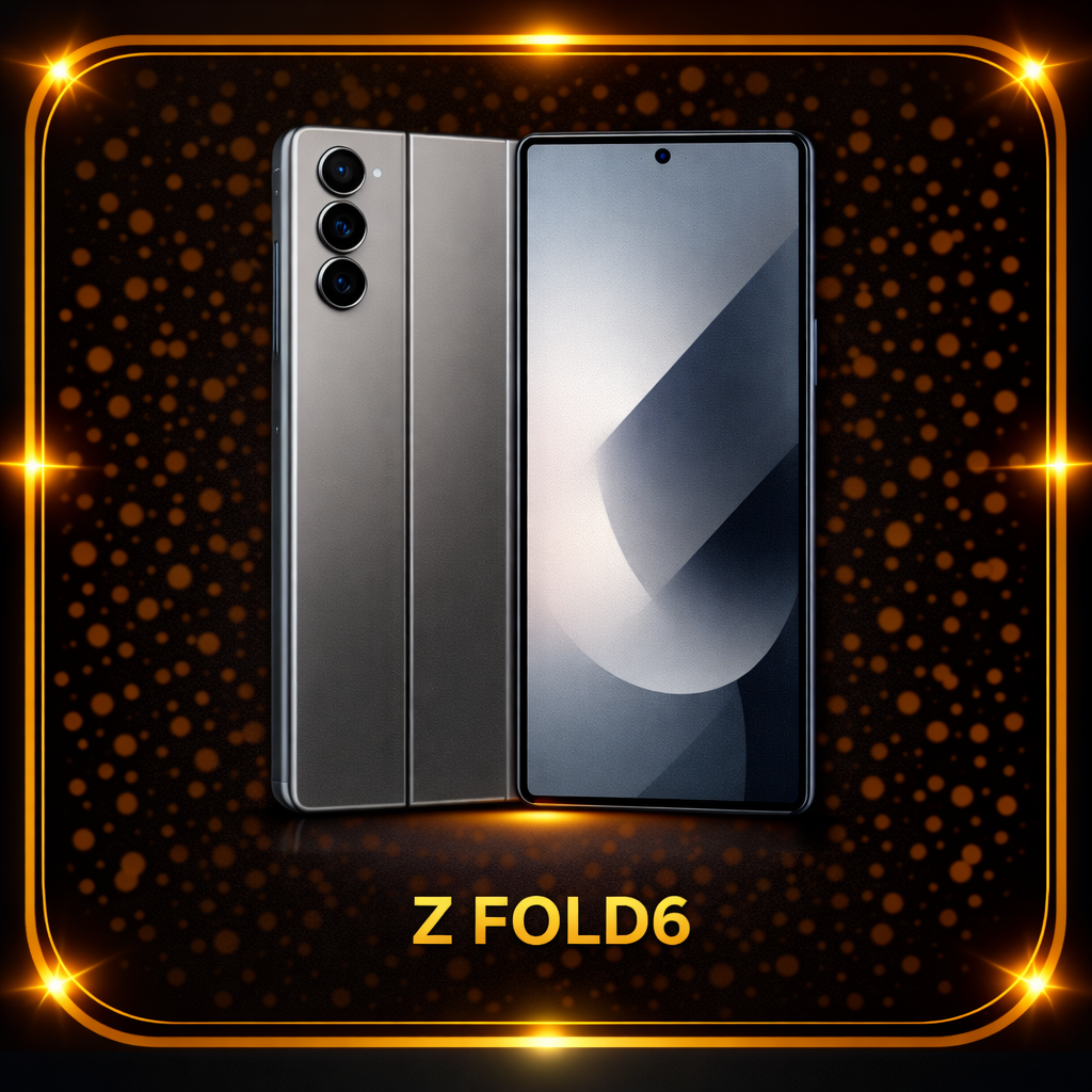 Een smartphone met een dubbele vouwbare scherm en drie achtercamera's, omringd door een gouden lichtuitstraling en een donker achtergrond met oranje stippen, met de tekst 'Z FOLD6' onderaan.