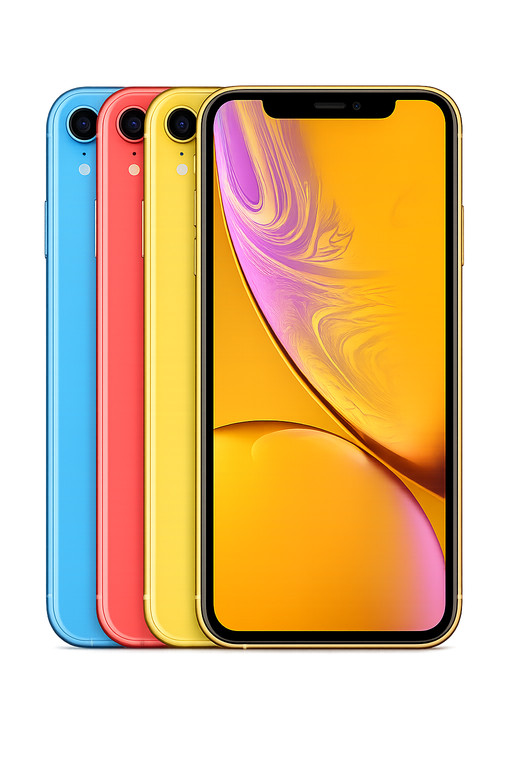 Verschillende gekleurde iPhone-modellen, met één in de voorgrond en andere op de achtergrond, zwart van kleur.