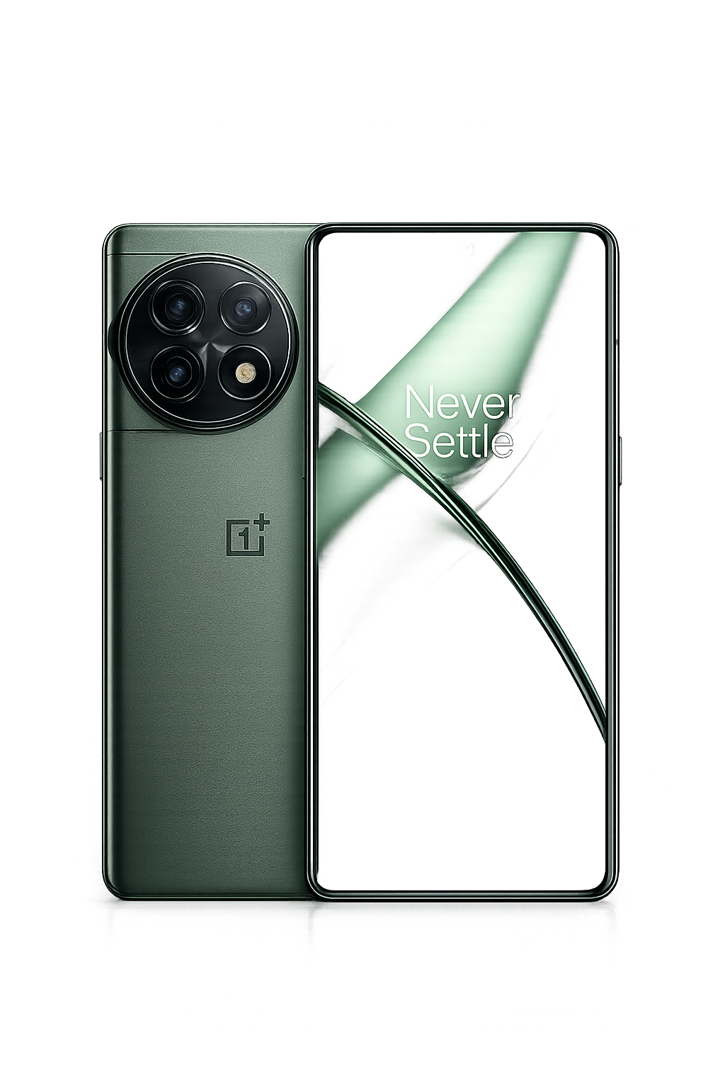 Een overzichtsfoto van een OnePlus slimme telefoon met de tekst 'Never Settle' op het scherm, en een groene achterkant met een drievoudige cameramodule.