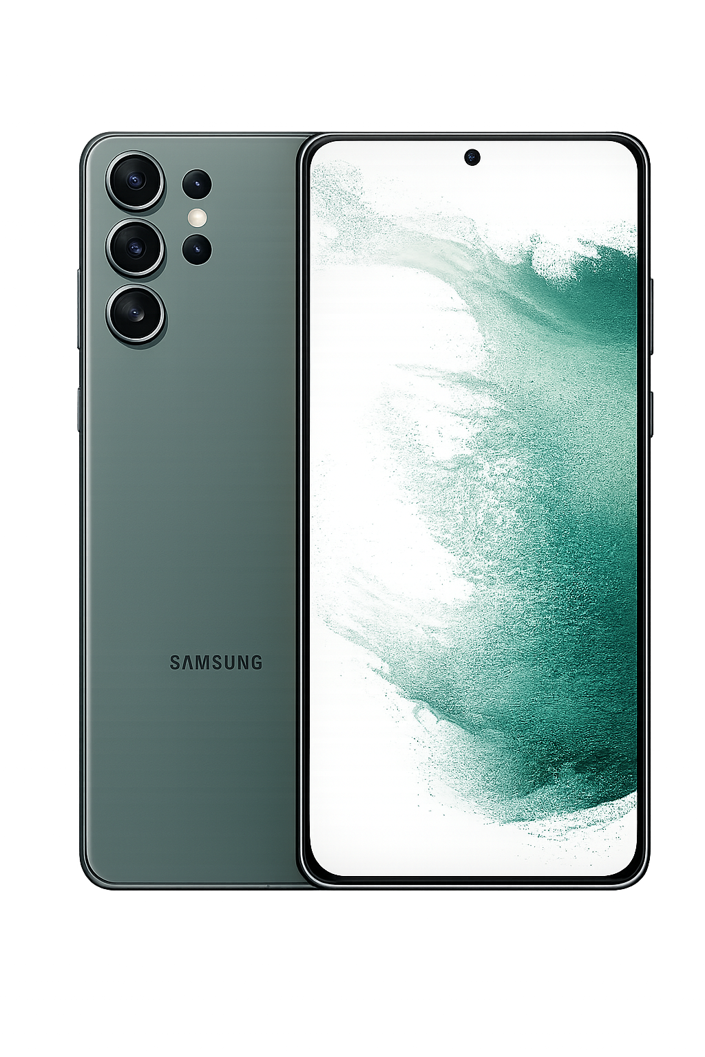 Afbeelding van een nieuwe Samsung-smartphone met een groot scherm en vier camera's aan de achterkant en een watermerk met een golvend patroon op het display.