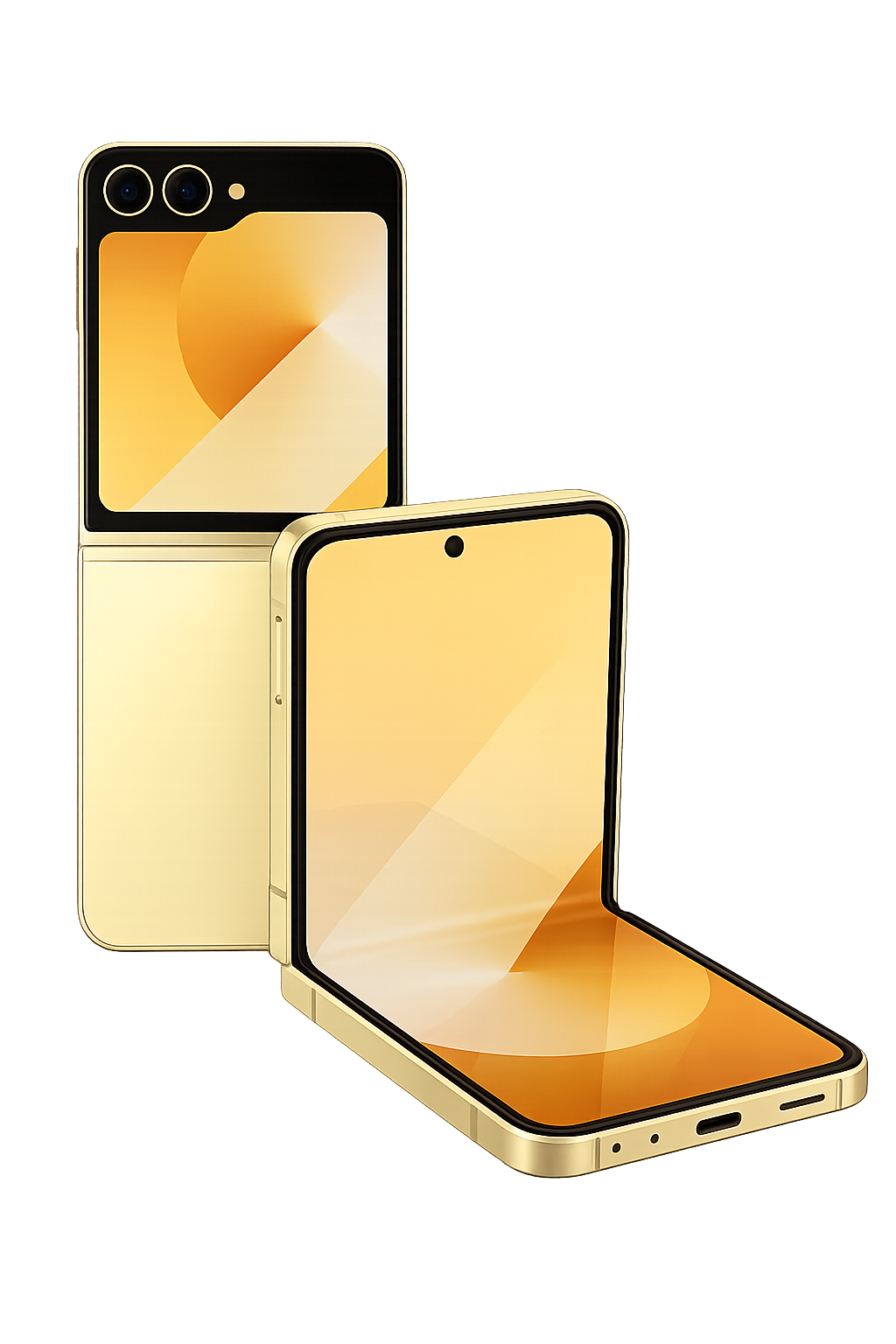 Twee smartphones met gouden kaders en gele schermen, één liggend en één staand, tegen een donkere achtergrond met blauwe en paarse lichteffecten.