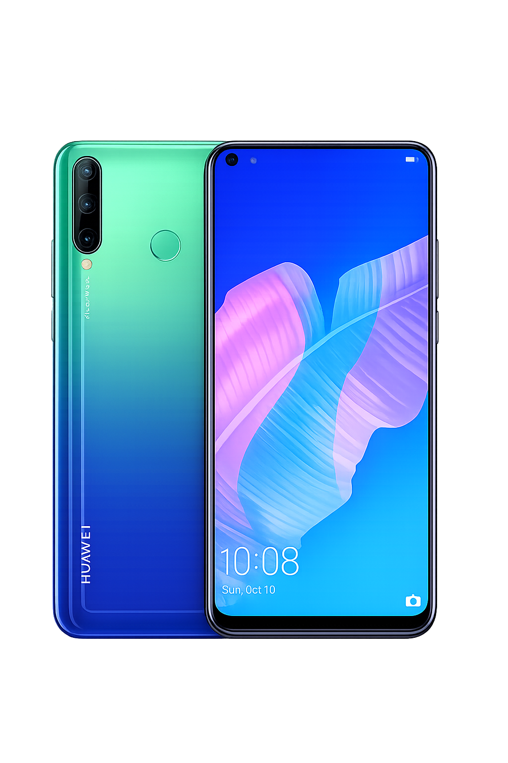 Een groene Huawei smartphone met drievoudige camera en vingerafdruk scanner op de achterkant, naast een blauw scherm met klok en datum.