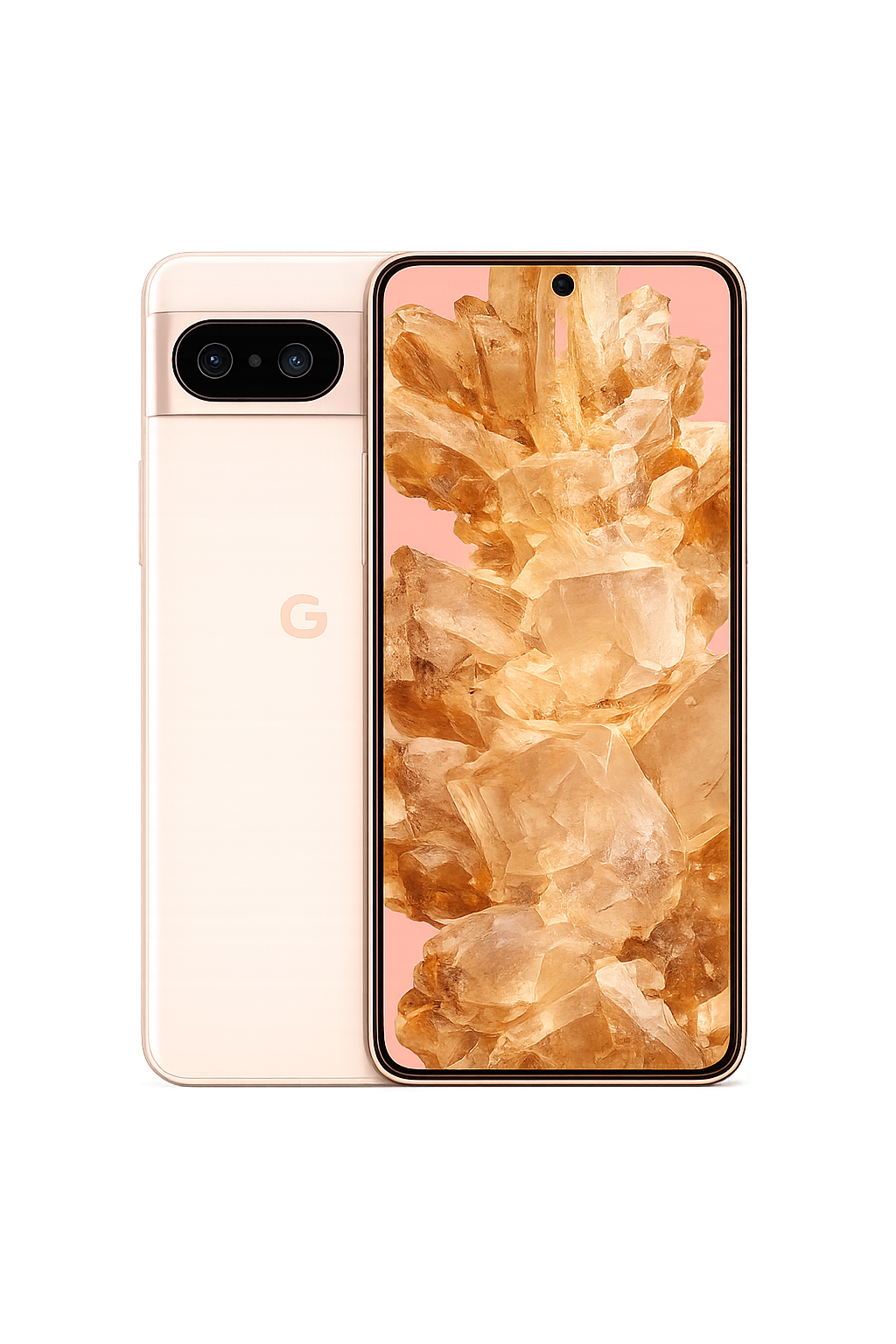 Een witte Google Pixel-smartphone met dubbele camera aan de achterkant en een groot scherm met een afbeelding van rotsen