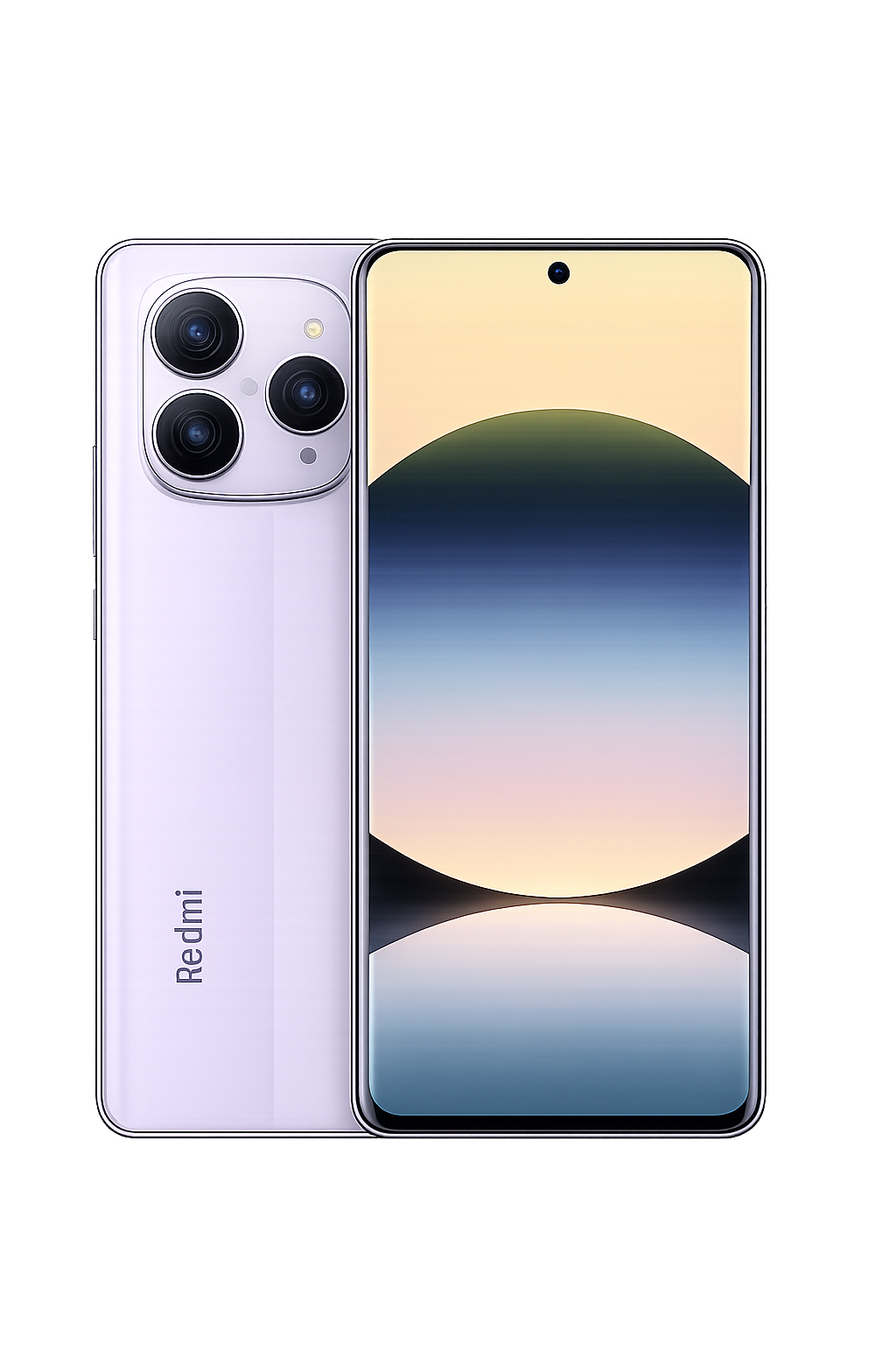 Een witte smartphone met drie camera's op de achterkant en een scherm met een abstracte achtergrond.