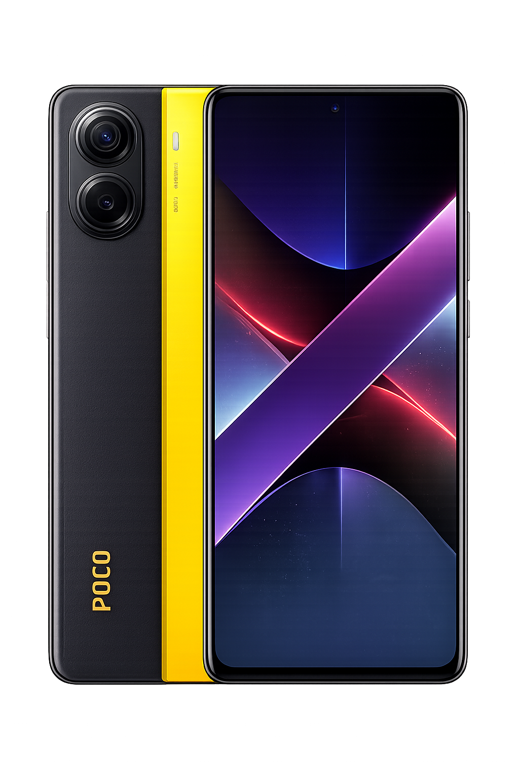Een smartphone met een zwart gekleurde achterkant en een groot scherm, naast een gele rand met de merknaam 'POCO'.