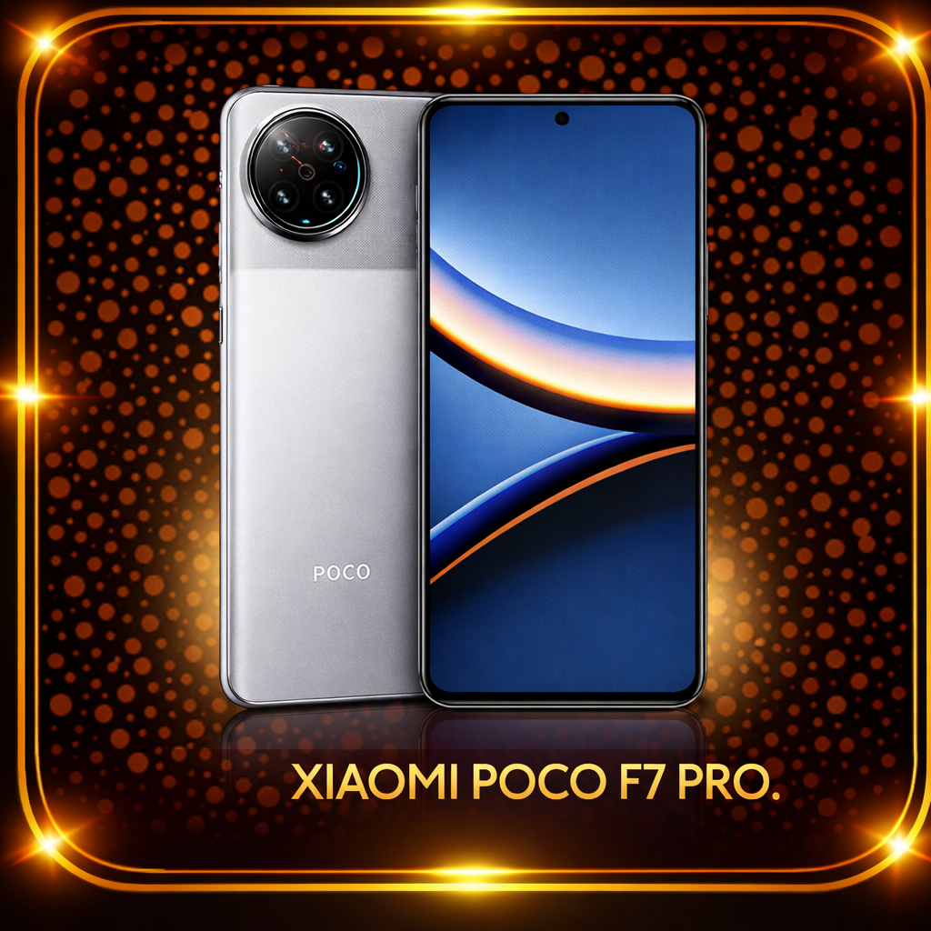 Een afbeelding van een Xiaomi POCO F7 Pro smartphone met een zwart scherm en een zilveren achterkant, met een opvallende ronde camera-module aan de achterkant en de tekst 'XIAOMI POCO F7 PRO' onderaan. De achtergrond bestaat uit een oranje en zwarte gedecoreerde met stippen ontwerp met een gouden rand.