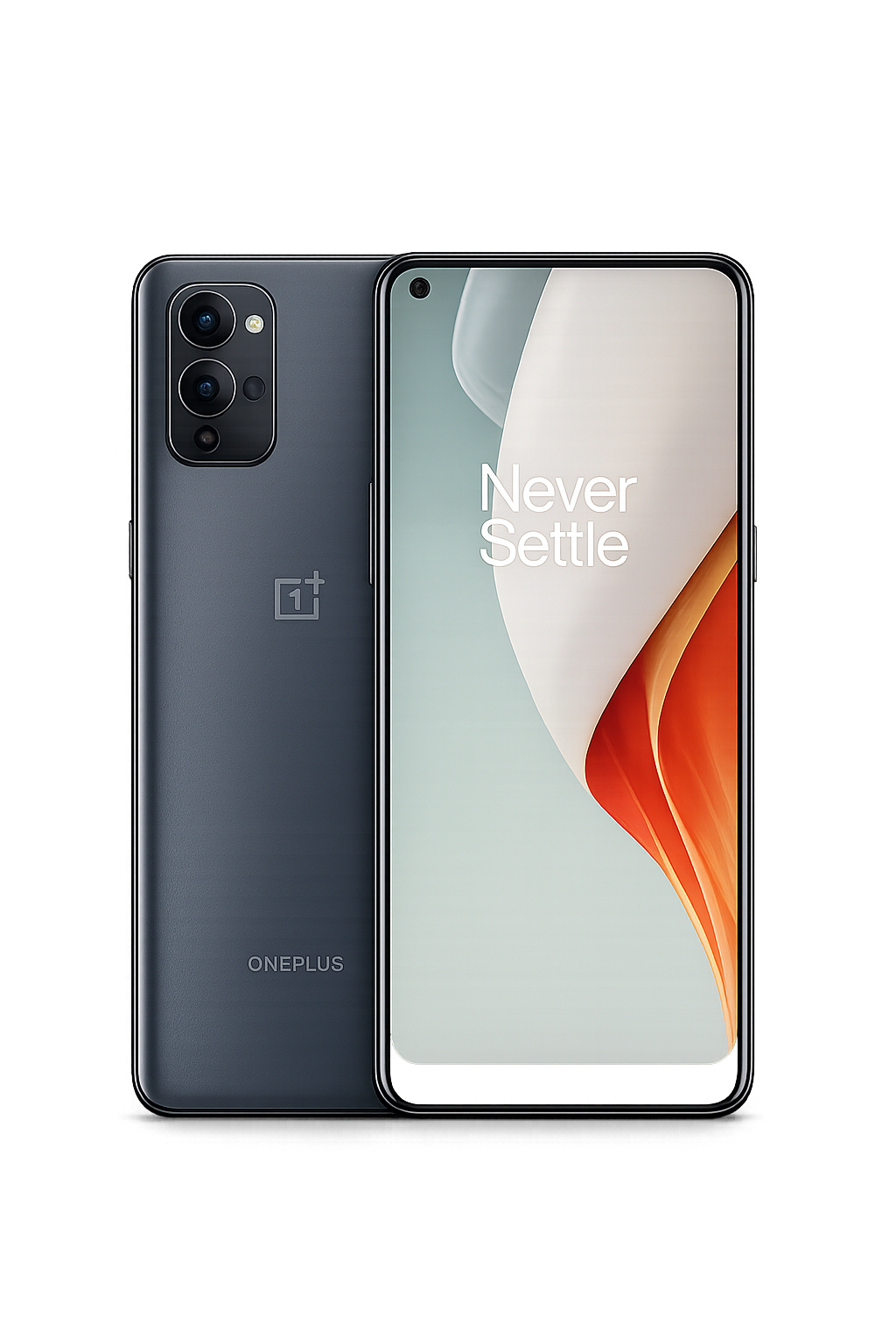 Een smartphone van het merk OnePlus, model met de slogan 'Never Settle' op het scherm, met een zwarte achtergrond en kleurrijke lichtreflecties.