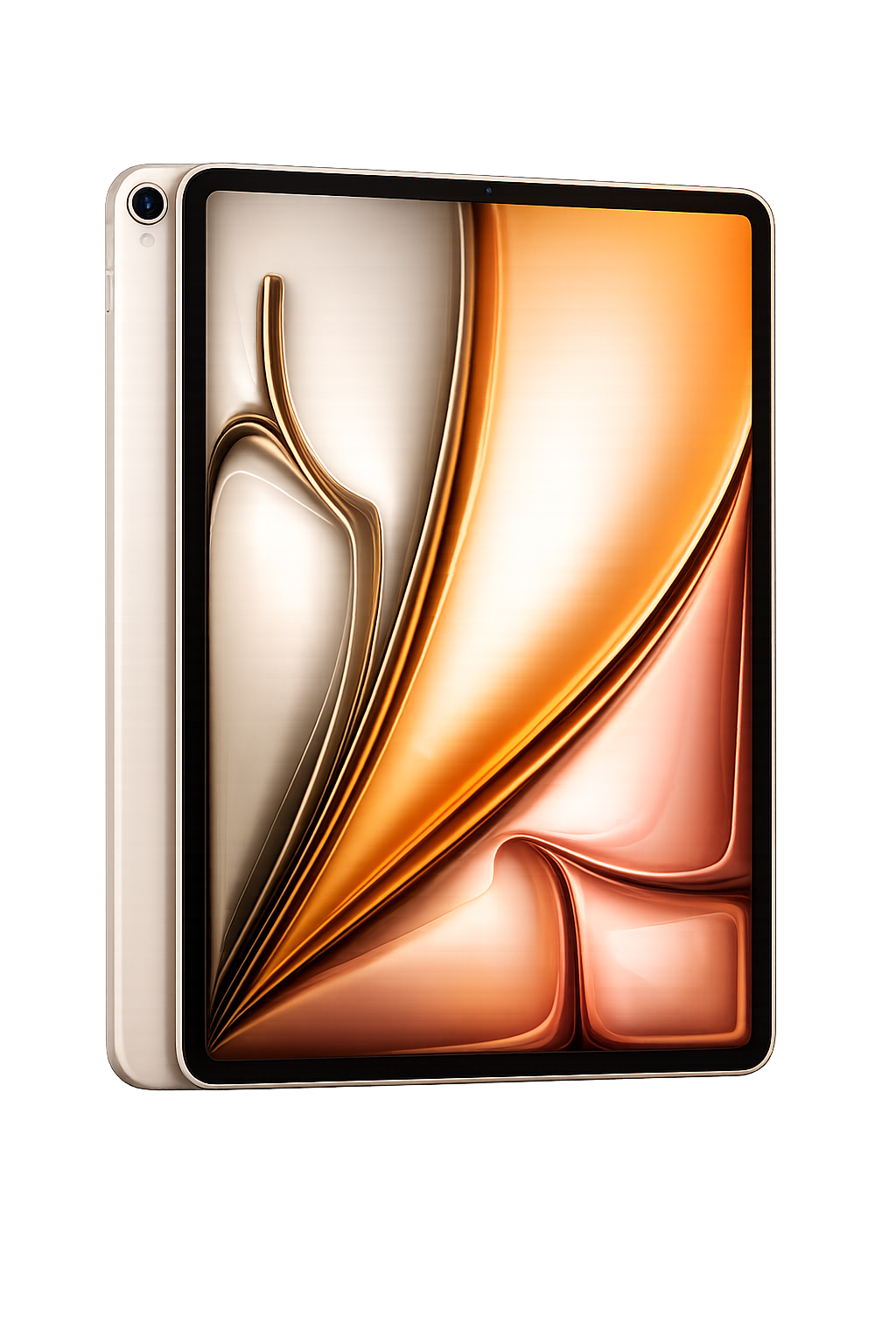 Een iPad met een zwart rand en een goudkleurige achterkant, de schermweergave toont een abstract patroon in warme tinten.