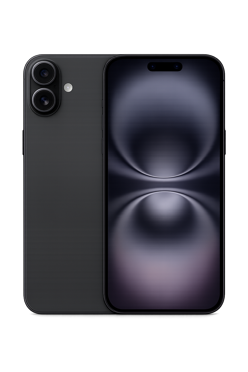 Close-up van een nieuwe smartphone met een dual-camera systeem en een groot scherm, tegen een zwarte achtergrond met kleurrijke lichtstralen.