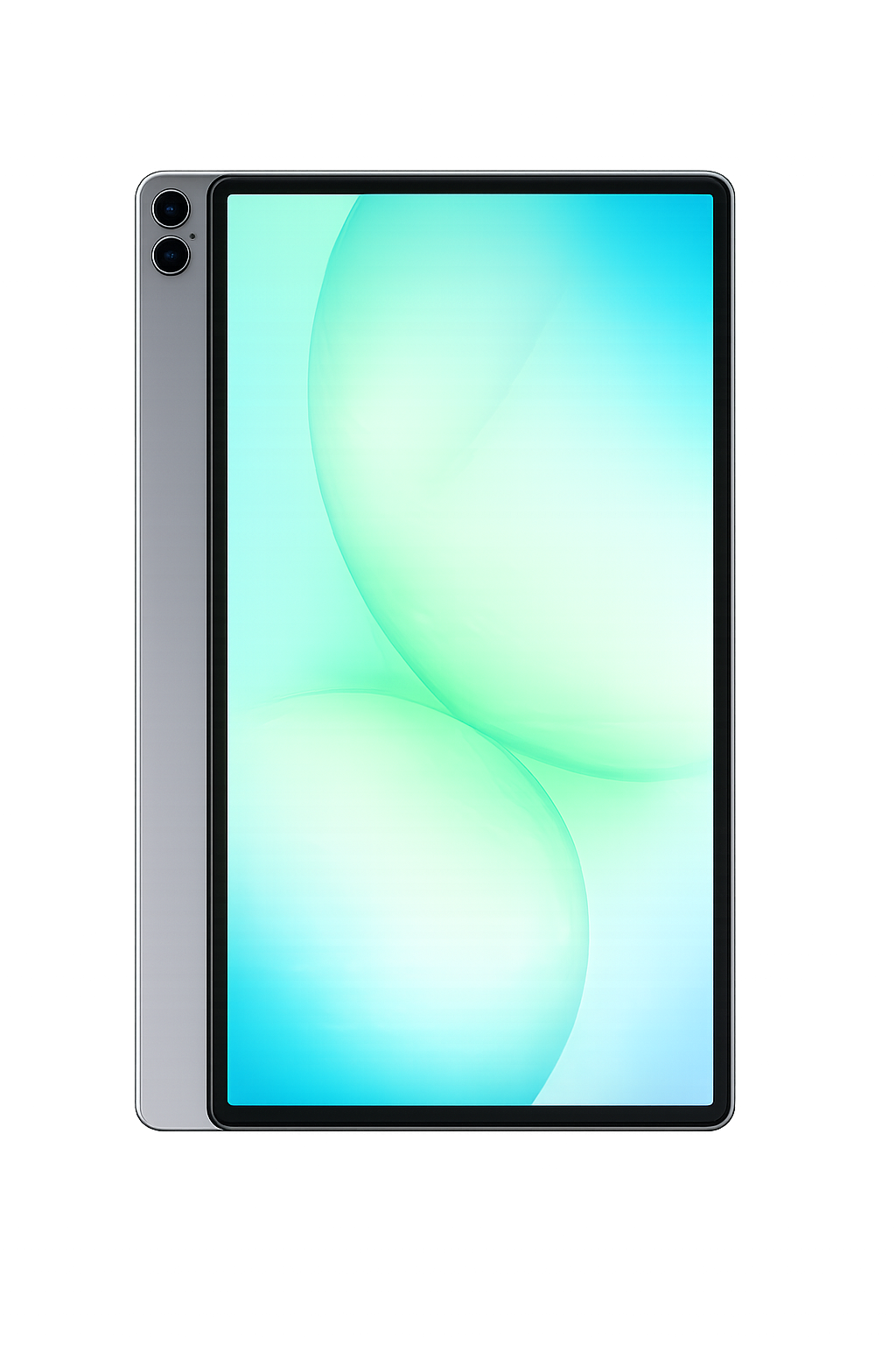 Een moderne smartphone met een groot scherm en dubbele camera's aan de achterkant, voor een futuristische achtergrond met kleurrijke lichtstralen.