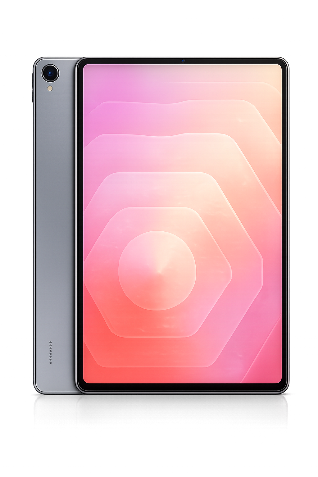 Een smartphone met een groot scherm dat een zachte, roze en oranje kleurovergang toont, met een kleine camera gezicht aan de bovenkant. De achterkant is zilver of grijs.