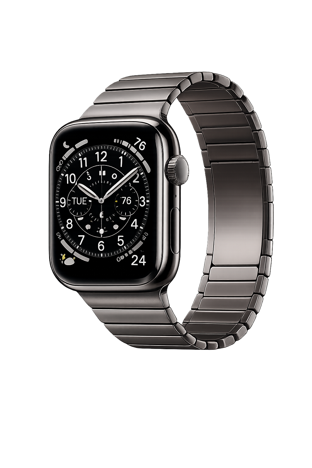 Een smartwatch met een metalen band en een zwart wijzerplaat die de dag, tijd en verschillende functies toont.