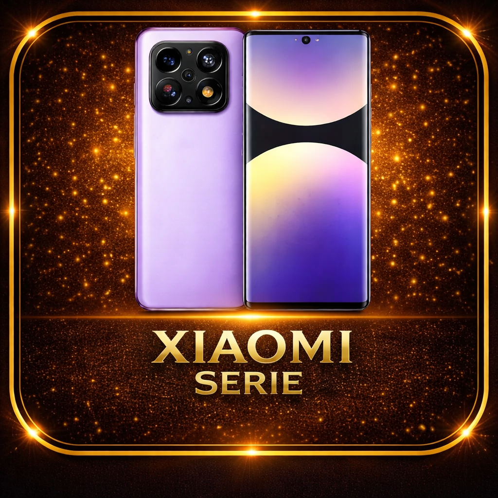 Smartphone met uitgelichte camera en een scherm met kleurrijk design, achtergrond van gouden sterren en het tekst 'Xiaomi Serie'.